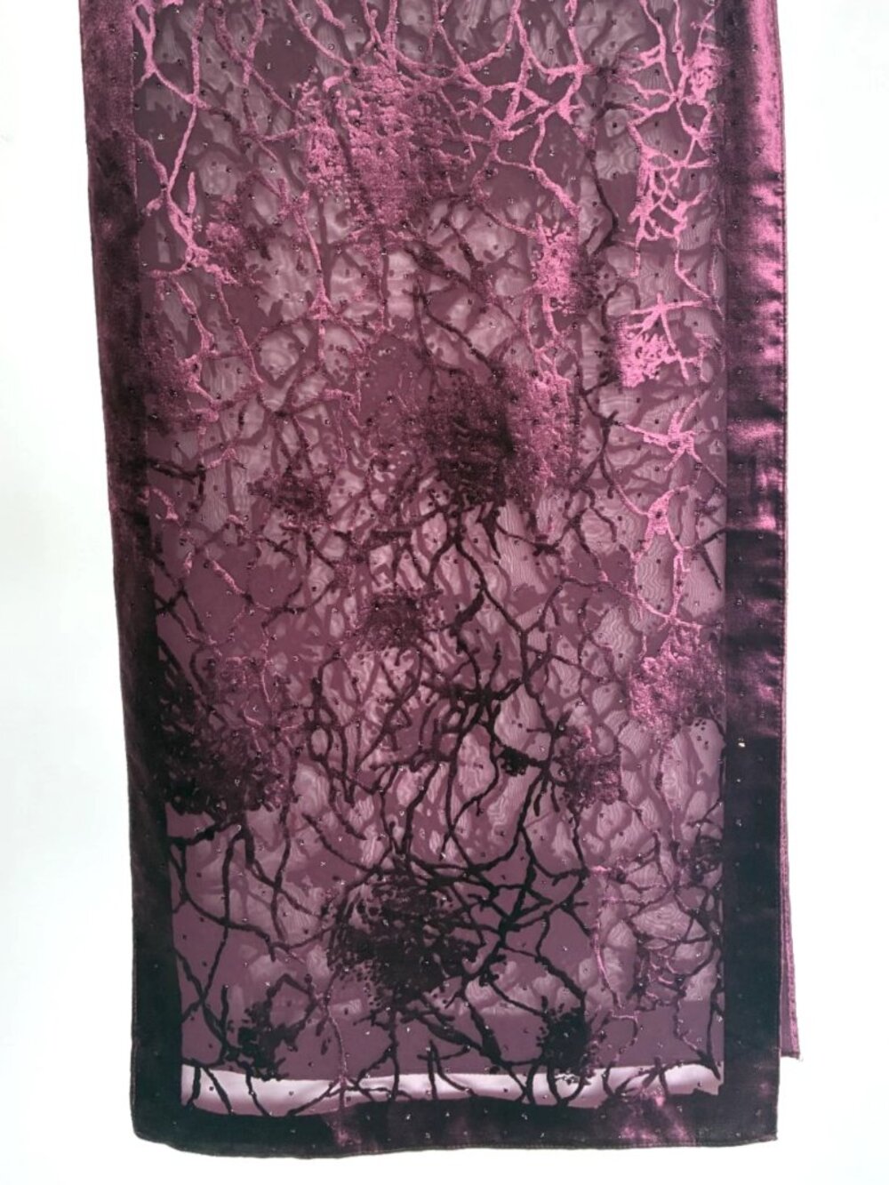MILLA SCHÖN burgundy purple wrap 62"x17" sheer velvet abstract vegetal pattern